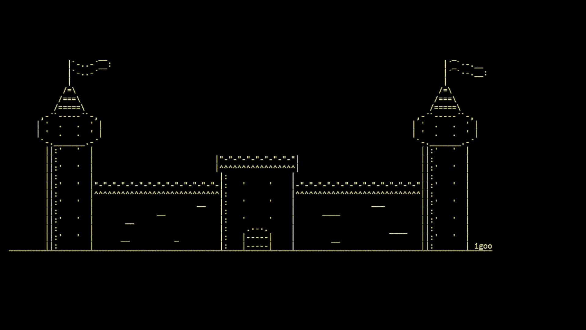 an ascii castle with two flags flapping in the wind